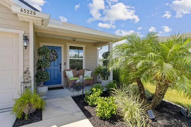 a view of a porch with chairs and potted plants