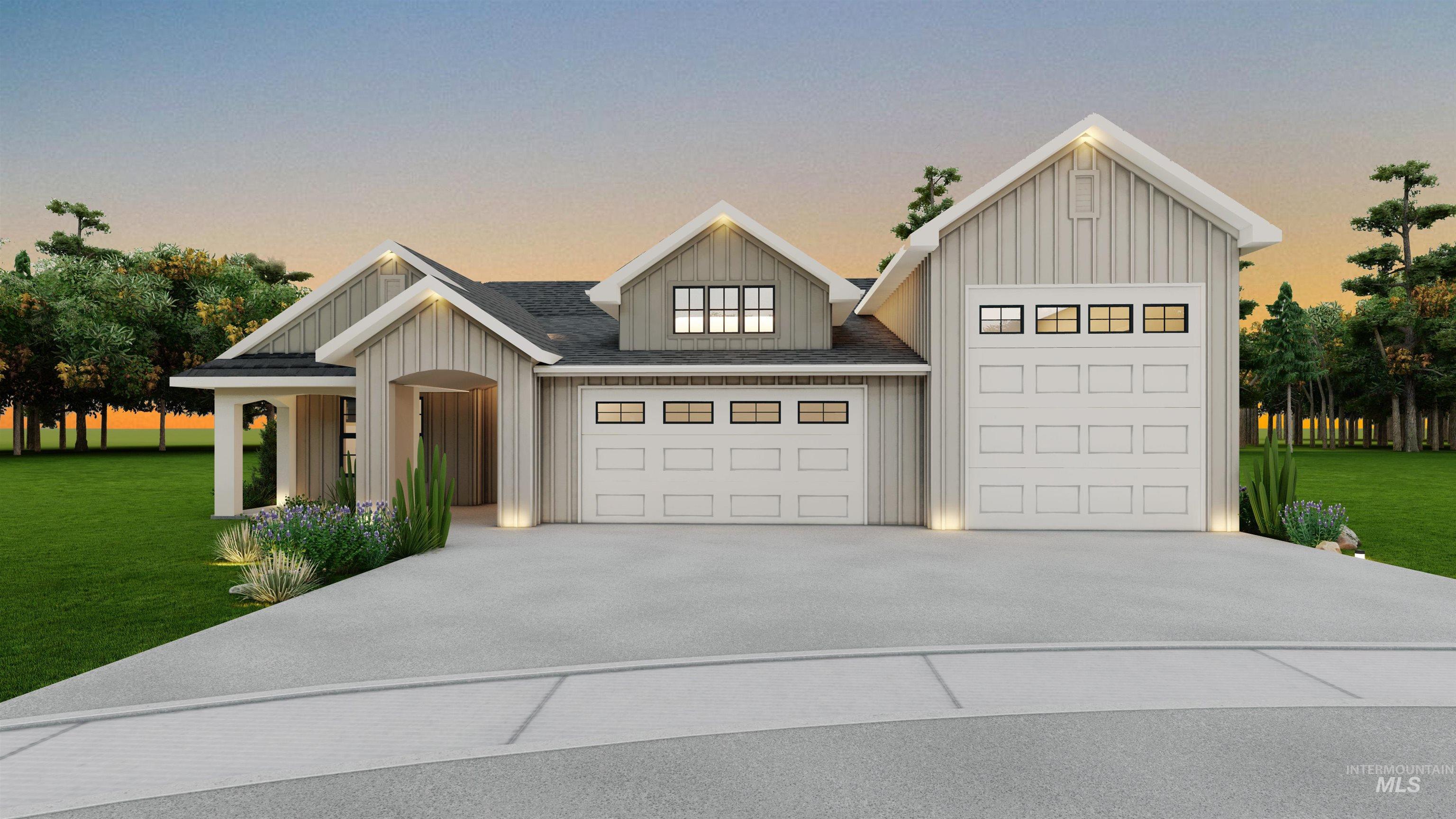 12124 October Glory Street Middleton, ID 83644 - Photo 1 of 22 Modern farmhouse exterior featuring board and batten siding, multiple gables, a covered entry, and a multi-car garage with overhead lighting