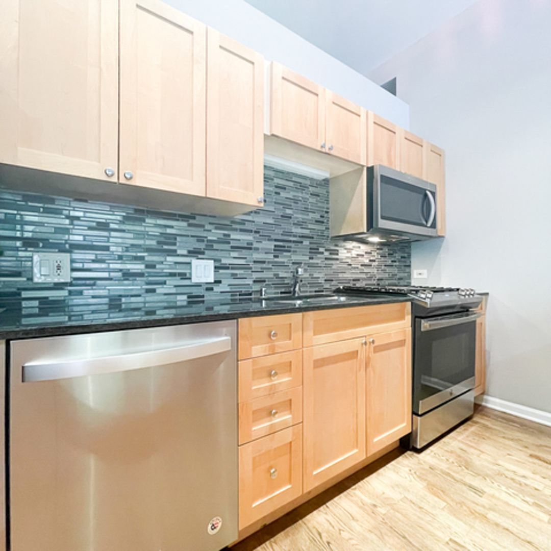 520 West Huron Street, Unit 116 Chicago, IL 60654 - Photo 9 of 28 a kitchen with granite countertop cabinets stainless steel appliances and a sink
