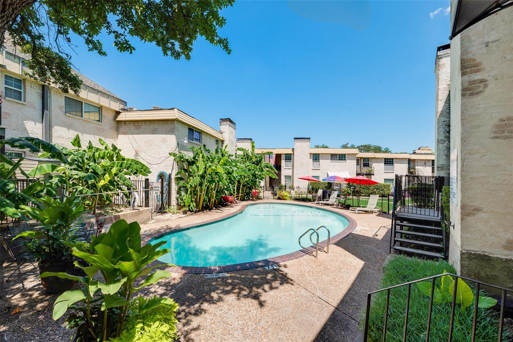 5109 Cedar Springs Road, Unit 105 Dallas, TX 75235 - Photo 16 of 16 Resort-style pool area featuring a freeform swimming pool with integrated steps, surrounding textured concrete decking, and lush tropical landscaping