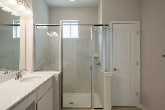 a bathroom with a shower sink and mirror