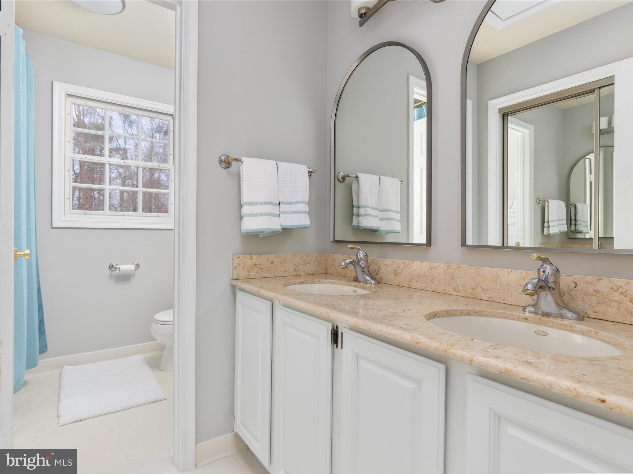 11701 Henderson Road Clifton, VA 20124 - Photo 24 of 61 a bathroom with a granite countertop sink a toilet and a mirror