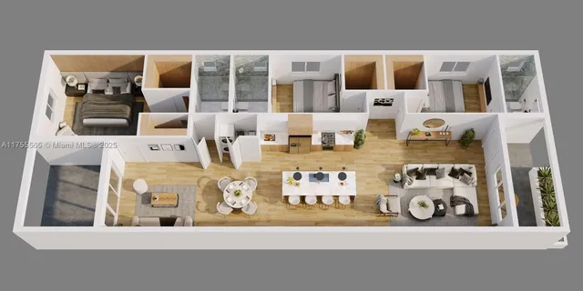 a picture of a living room with furniture and floor to ceiling windows