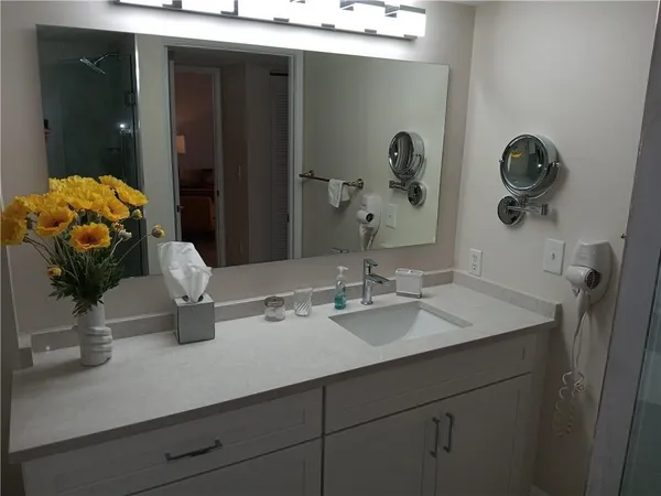 a bathroom with a sink and a mirror