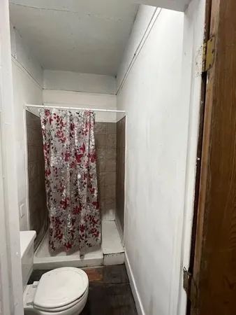 a bathroom with a toilet and shower curtain