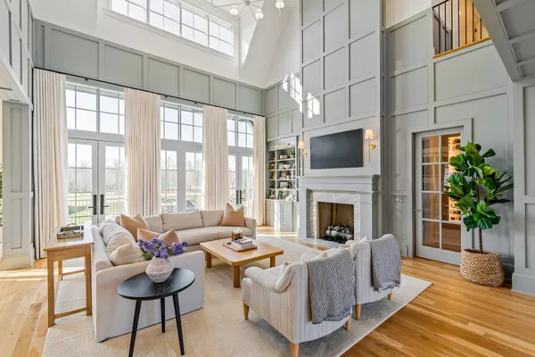 a living room with furniture a fireplace and a potted plant