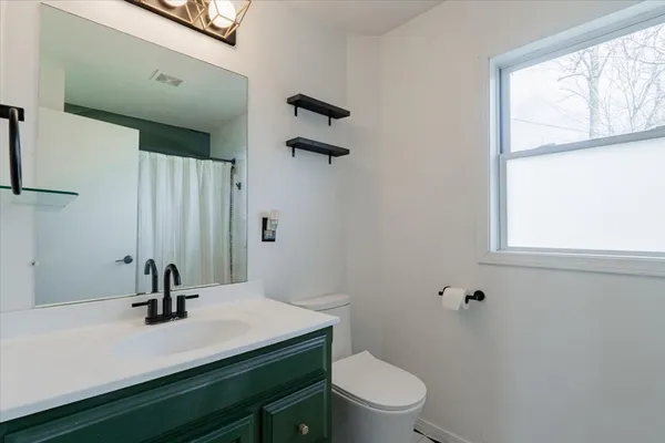 a bathroom with a sink a toilet and a mirror