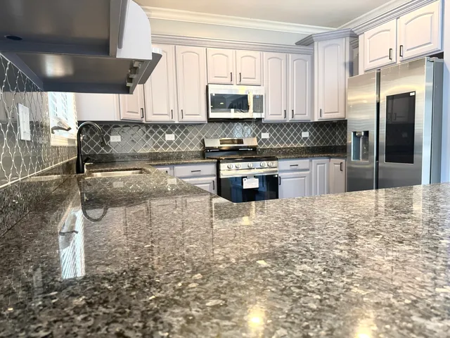 a kitchen with stainless steel appliances granite countertop a stove a sink and a microwave