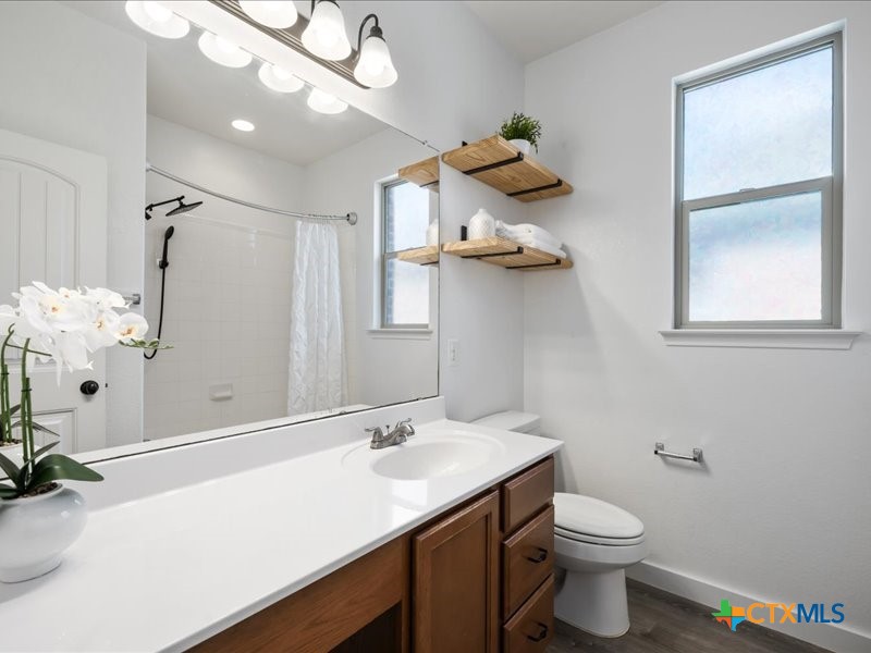 18817 Star Gazer Way Pflugerville, TX 78660 - Photo 27 of 36 a bathroom with a sink a toilet and mirror