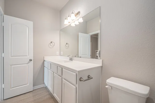 a bathroom with a toilet a sink a mirror and vanity