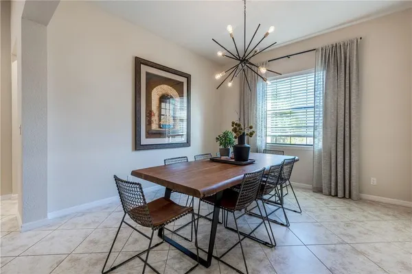 a view of a dining room with furniture and window