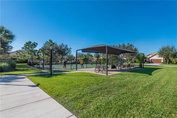 a view of a garden with an outdoor space