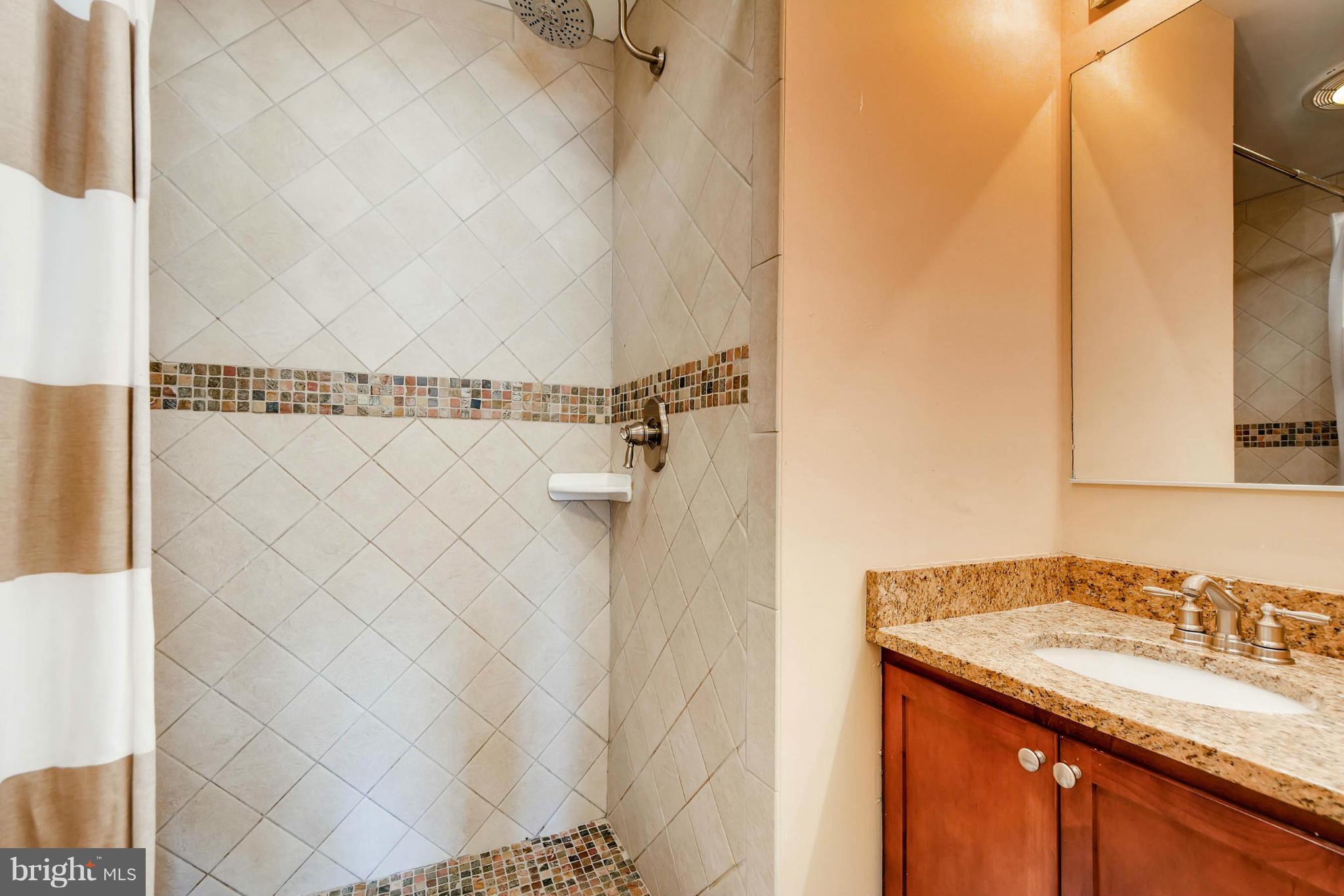 620 Charles Street, Unit R33 Baltimore, MD 21230 - Photo 14 of 27 a bathroom with a granite countertop sink and a mirror