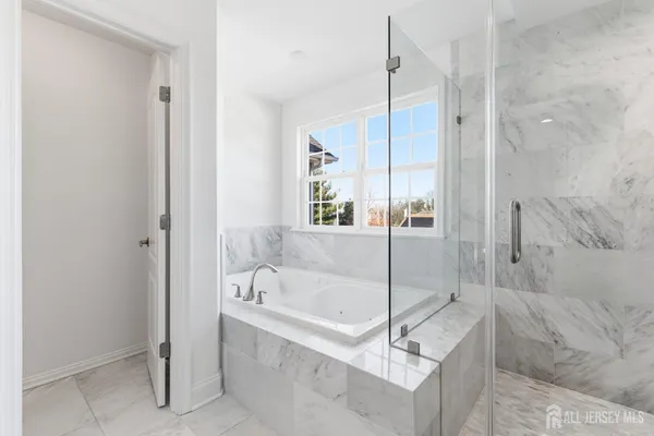 a bathroom with a bathtub and a shower