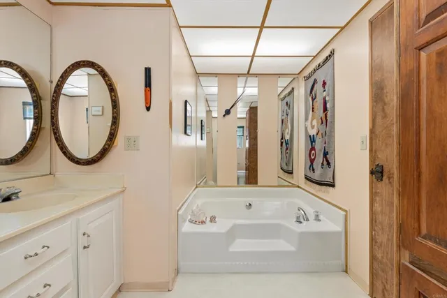 a bathroom with a sink a mirror and a bathtub