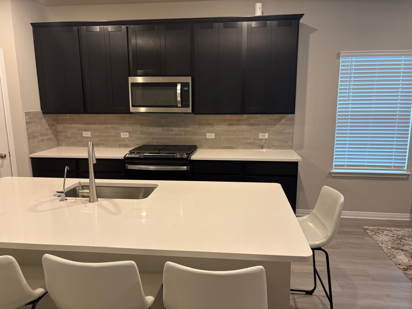6511 Dragride Road Buda, TX 78610 - Photo 13 of 36 A contemporary kitchen showcasing dark cabinetry, sleek countertops, and modern appliances.
