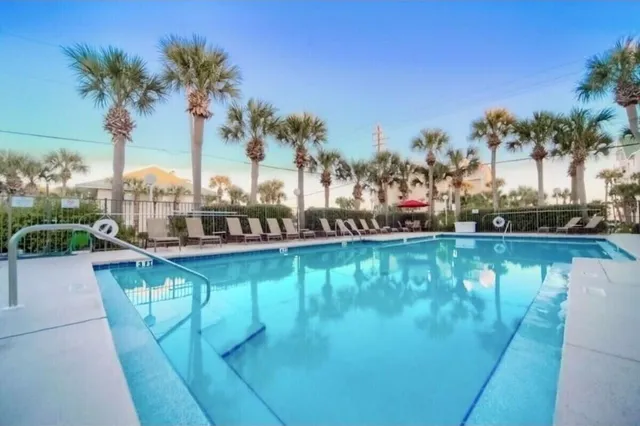 a view of a lake with a palm trees