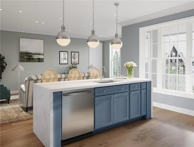 a view of living room with granite countertop furniture and a chandelier