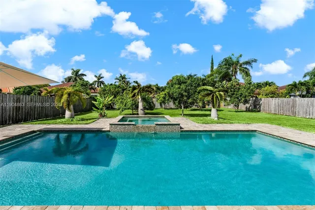 a view of a swimming pool with a yard