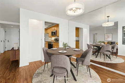 a view of a dining room with furniture