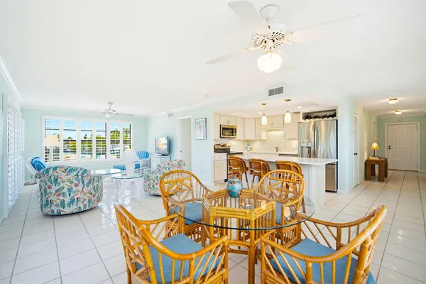 a view of a dining room with furniture