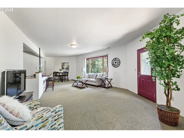 a living room with furniture a potted plant and a large window