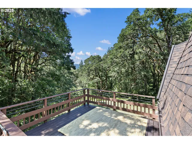 a view of balcony with two trees