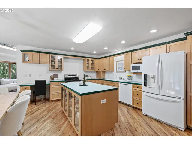 a kitchen with stainless steel appliances granite countertop a refrigerator a sink dishwasher a dining table and chairs with wooden floor