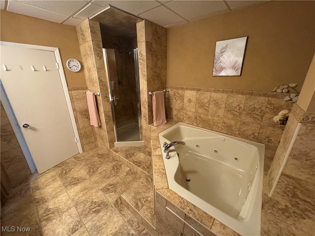 1452 Avalon Road Wooster, OH 44691 - Photo 20 of 31 Bathroom with tile walls, a stall shower, a drop ceiling, a jetted tub, and a wainscoted wall