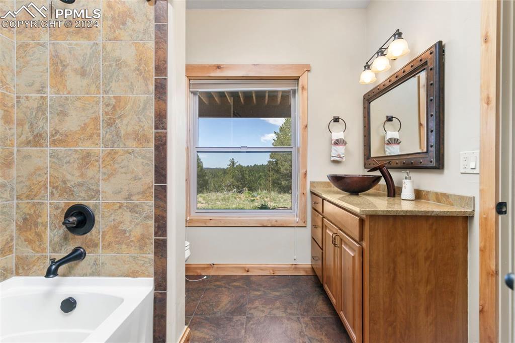 252 Running Elk Point Divide, CO 80814 - Photo 42 of 48 a bathroom with a granite countertop sink a mirror and a bathtub