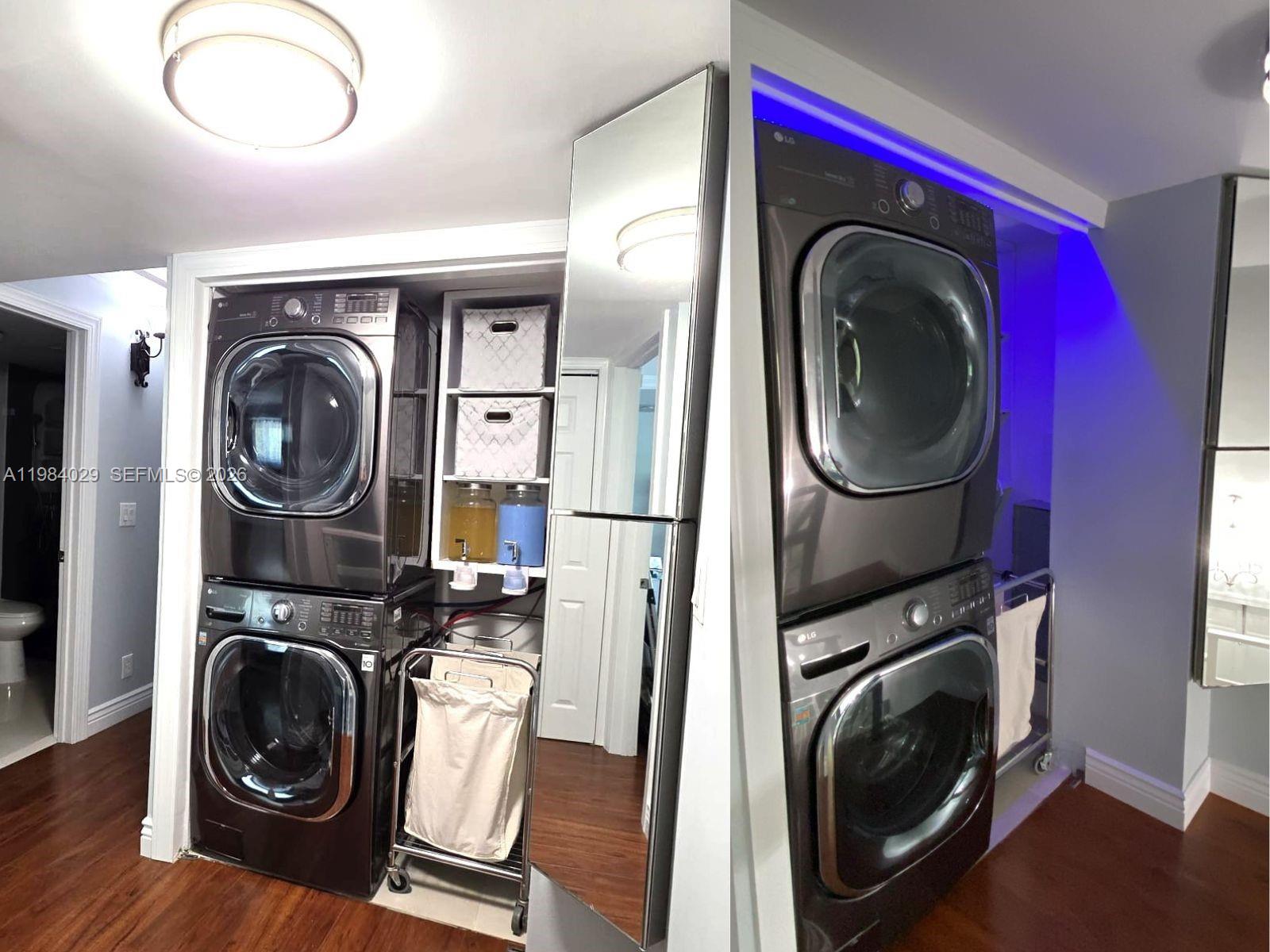 3282 North Pine Island Road, Unit 301 Sunrise, FL 33351 - Photo 21 of 22 a utility room with dryer washer and a wooden floor