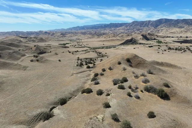 a view of a dry yard with mountain view