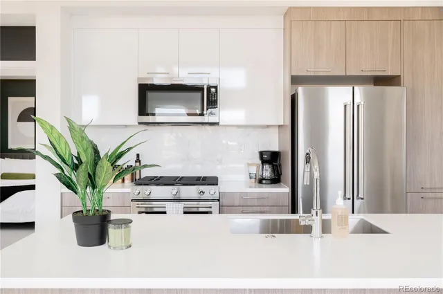 a kitchen with a potted plant on the counter and a refrigerator