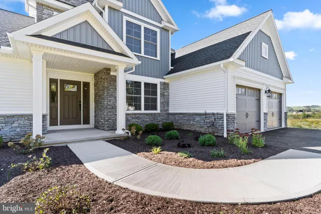 a view of a white house with a small yard plants and large tree