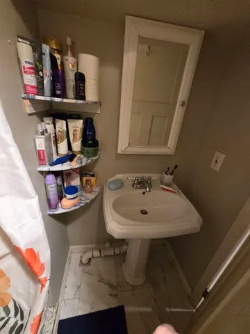 a bathroom with a sink and a mirror