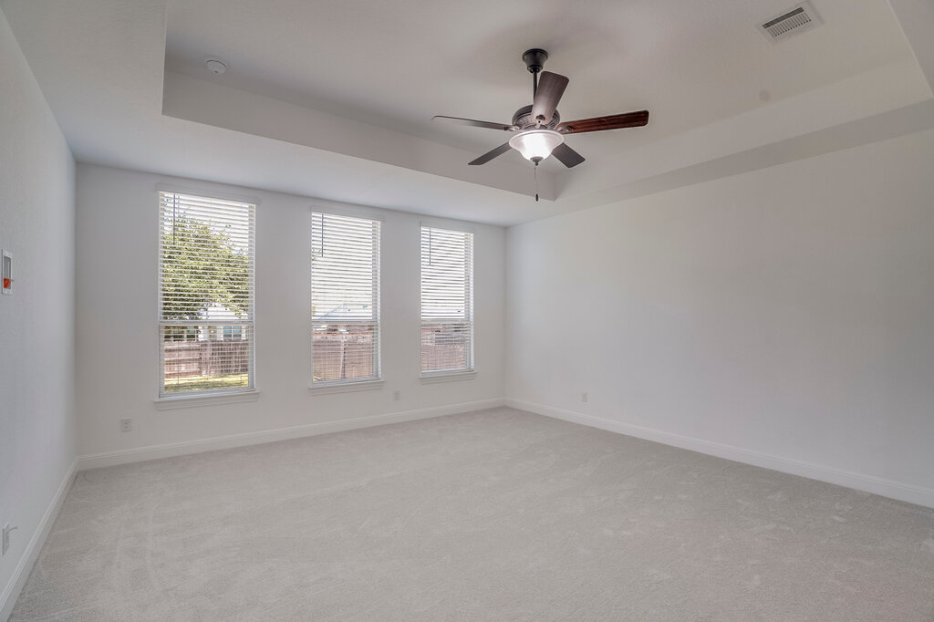 2920 Hadley Way Leander, TX 78641 - Photo 9 of 20 A well-lit bedroom offering plush carpeting, ample window views, and a tray ceiling with a contemporary fan.