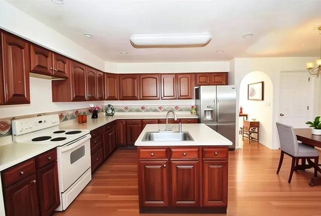 a kitchen with stainless steel appliances granite countertop wooden cabinets sink and stove