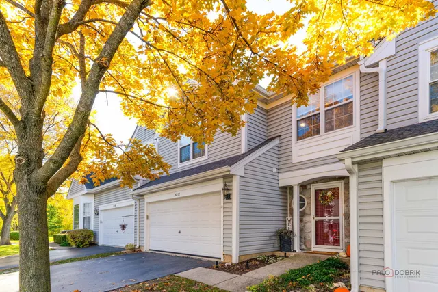 a view of a white house with a large tree