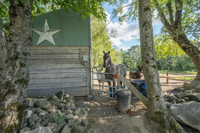 a backyard of a house with table and chairs