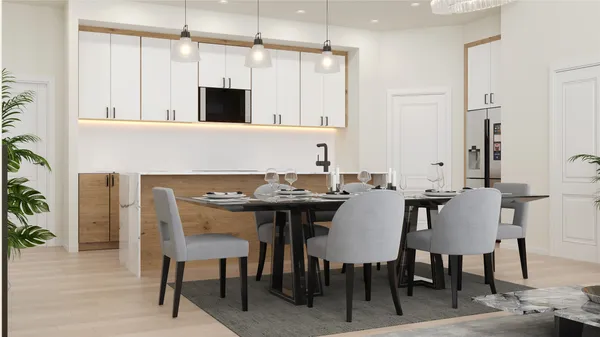 a view of a dining room with furniture