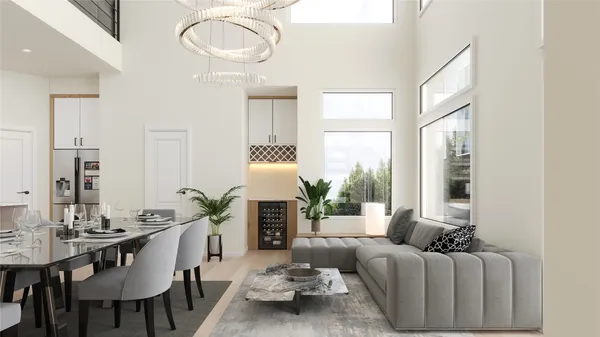 a living room with furniture fireplace and a large window