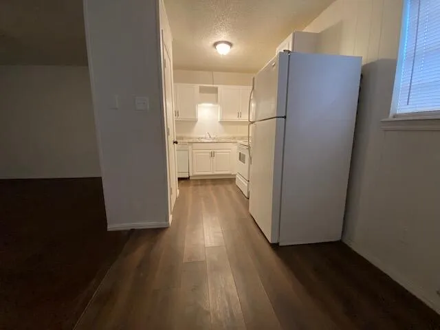 a kitchen with a refrigerator a sink and cabinets
