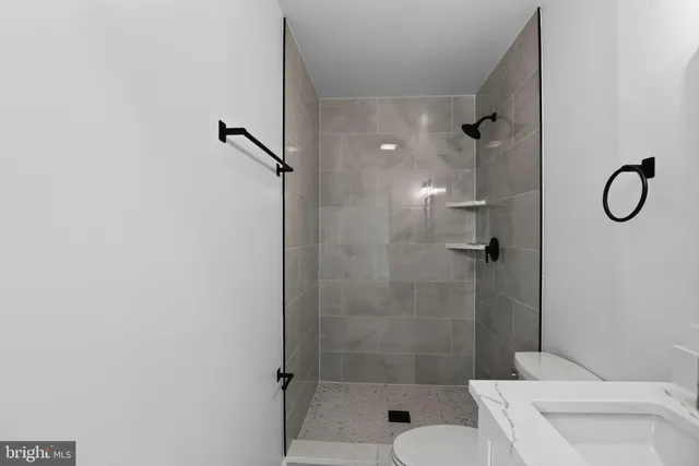 a bathroom with a shower and toilet