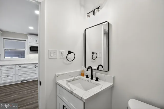 a bathroom with a sink toilet and mirror