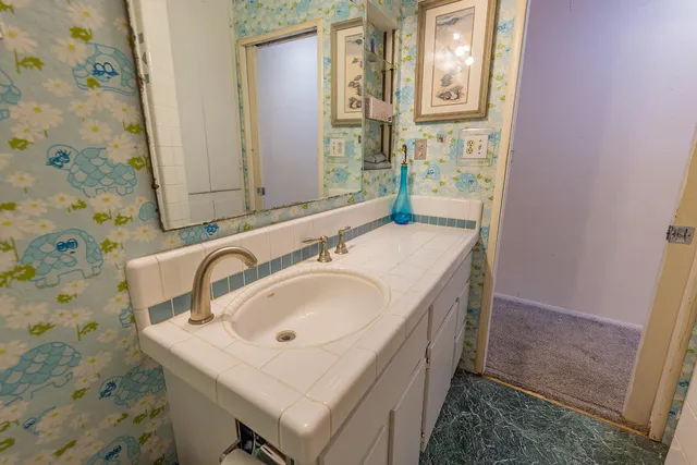 a bathroom with a sink and a mirror