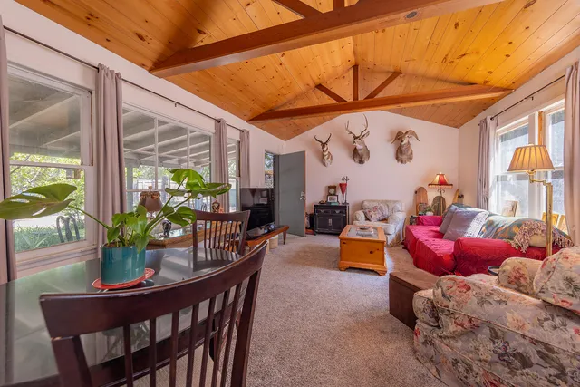 a dining room with furniture and a potted plant