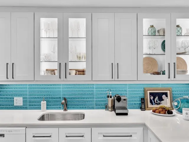 a kitchen with a sink and a potted plant