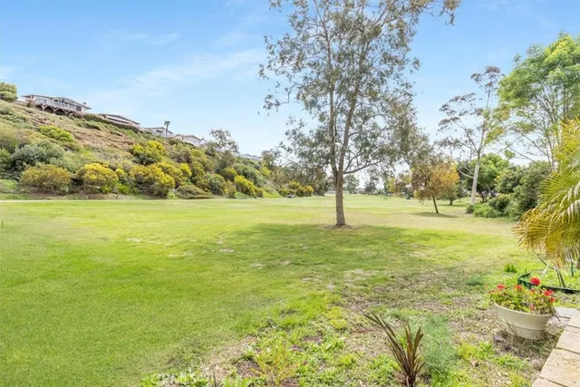 a view of yard with green space and mountain view in back