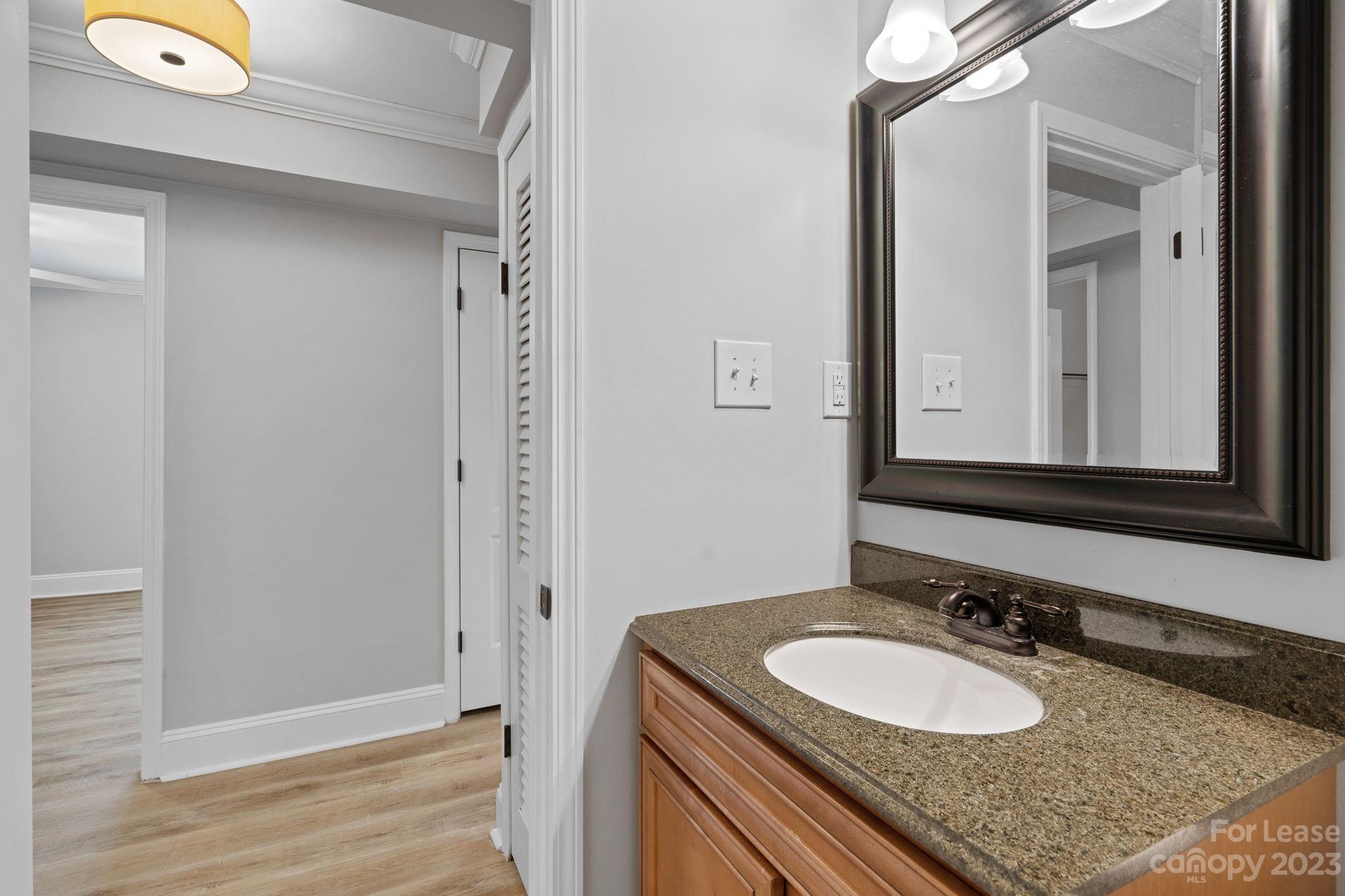 2614 Park Road Charlotte, NC 28209 - Photo 15 of 19 a bathroom with a granite countertop sink and a mirror