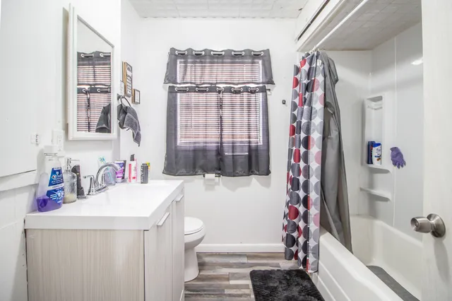 a bathroom with a sink a toilet and shower curtain